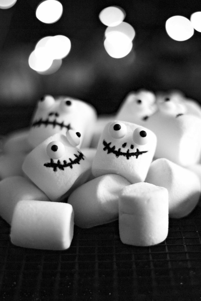 ghosts made of marshmellows with zombie lips to represent ghost walking tours in corvallis oregon