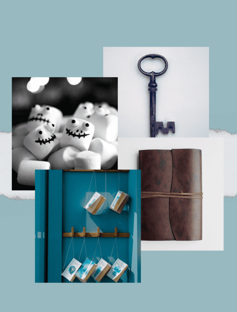 Collage of images for those asking what to do in corvallis oregon - a key, zombie marshmellows, books on strings, and a leatherbound book represent options for those wanting to take a tour of corvallis