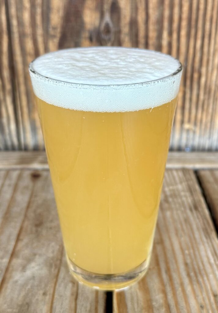 a pint from sky high brewery on a wood bench to illustrate what's waiting for you at the end of the corvallis walking tour that covers the corvallis history of beer - one of many fun things to do in corvallis!