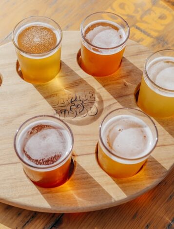 palette of small taster glasses of beer to illustrate the beer tastes that come at the end of the beer history walking tour by Engage Corvallis