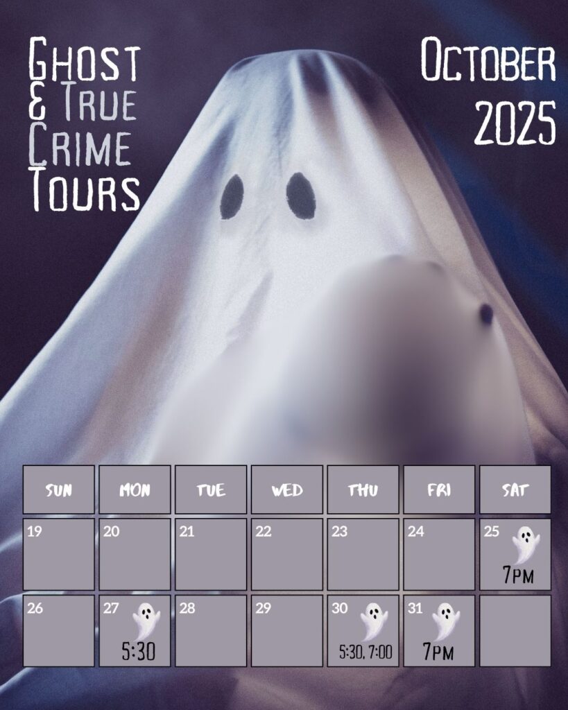 calendar showing dates for haunted walks in october on a tour that covers ghost and true crime events in Corvallis Oregon