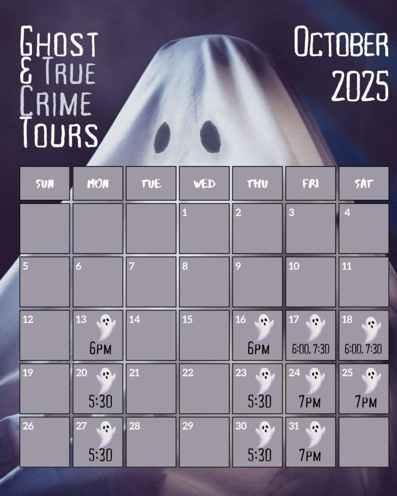calendar showing dates for haunted walks in october on a tour that covers ghost and true crime events in Corvallis Oregon