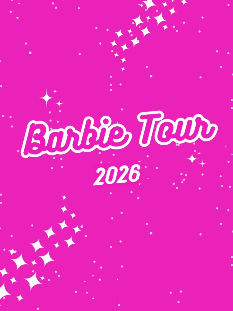 The words "barbie tour 2026" in white on a hot pink background with sparkles to illustrate the women who shaped the history of downtown corvallis oregon